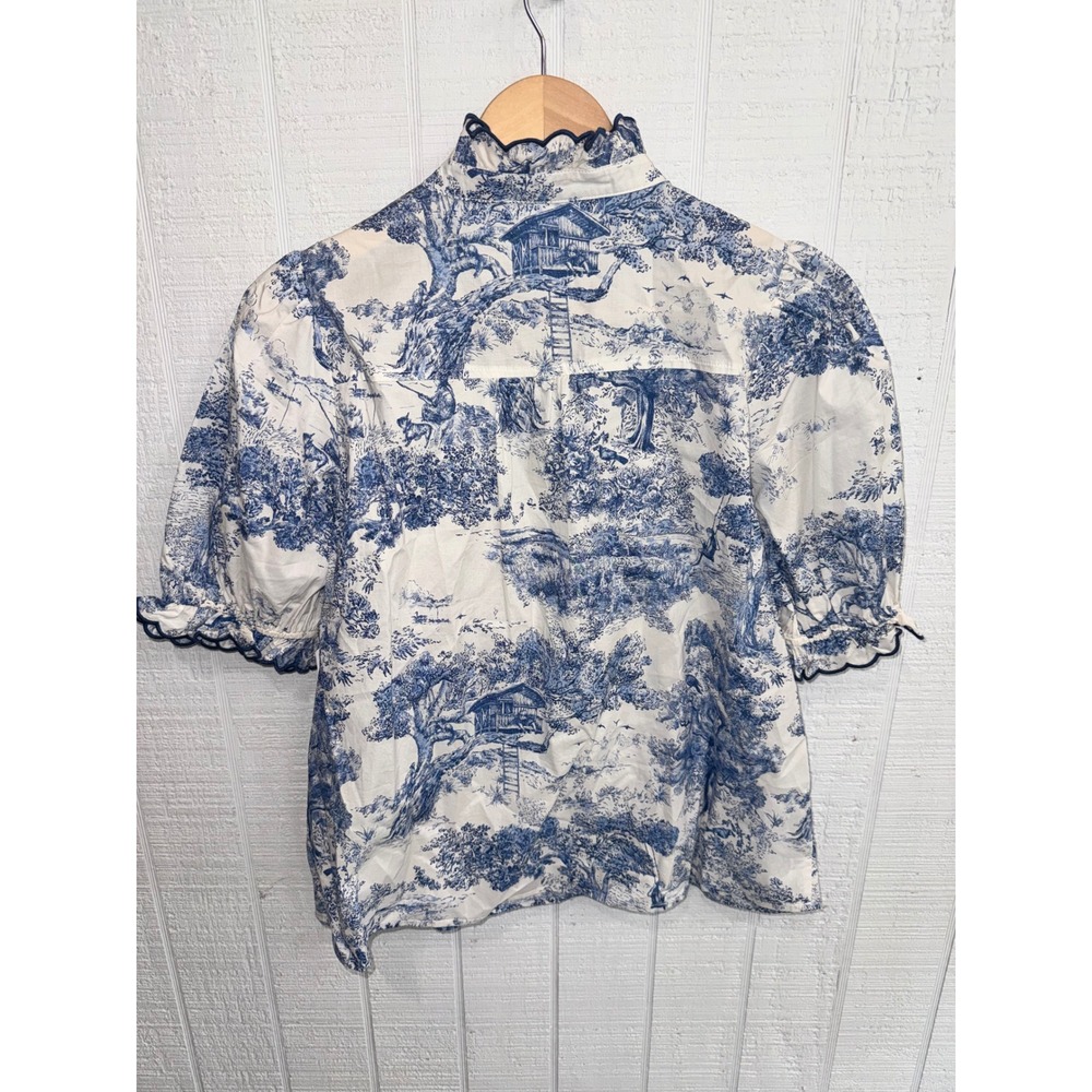Entro Blouse Women Blue White Toile de Jouy Ruffle Bib Puff Sleeve Small NWT - Picture 4 of 5